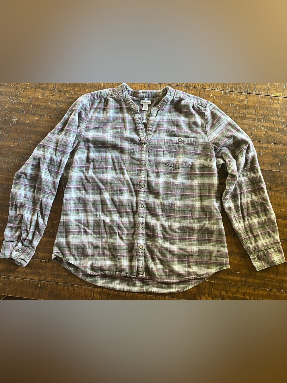 L.L. Bean Ladies Flannel Green and Purple Cotton Plaid Henley-Style Shirt